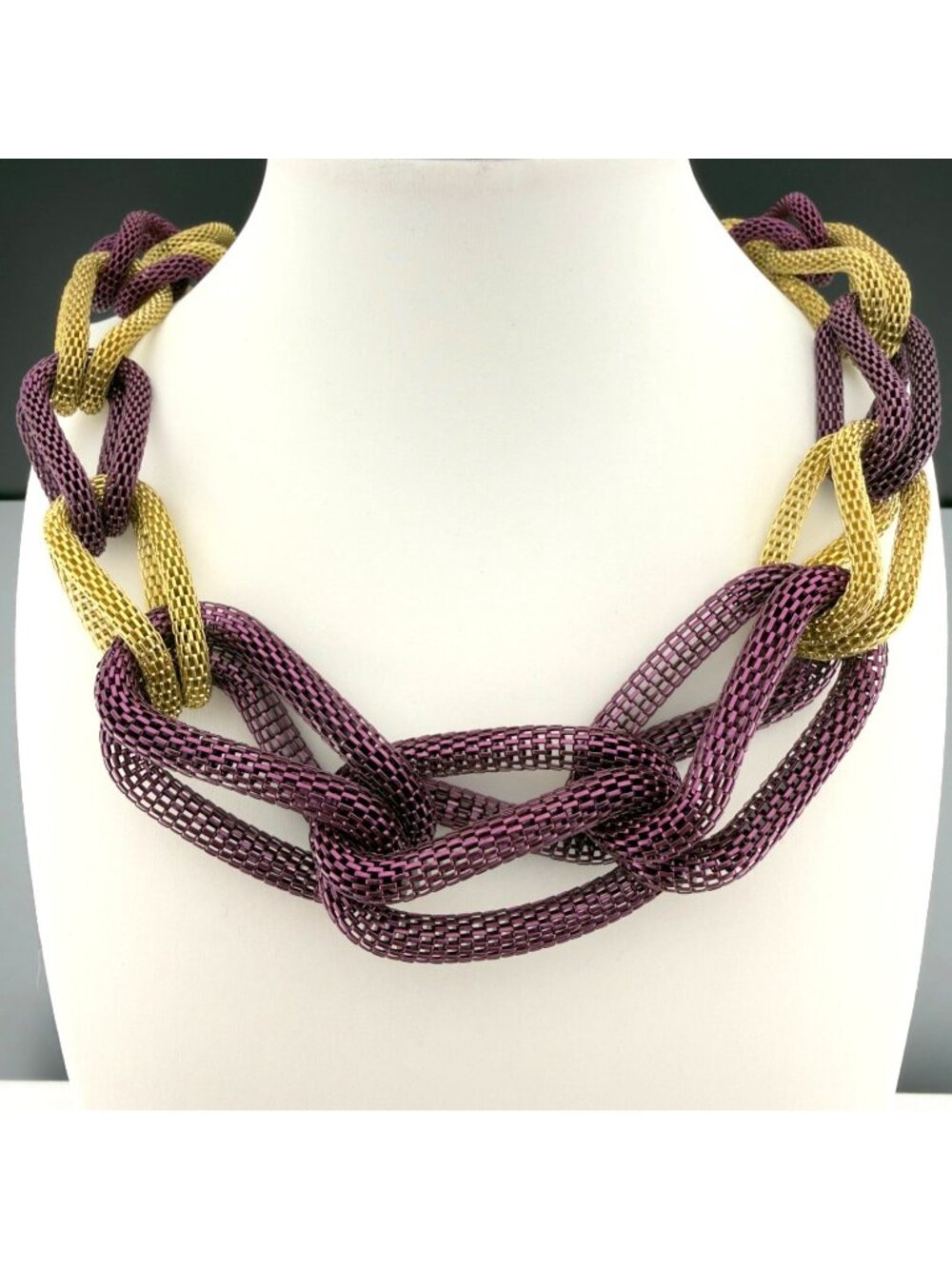 Mesh Link Necklace Gold Tone Purple Statement Oversized 20" Adjustable